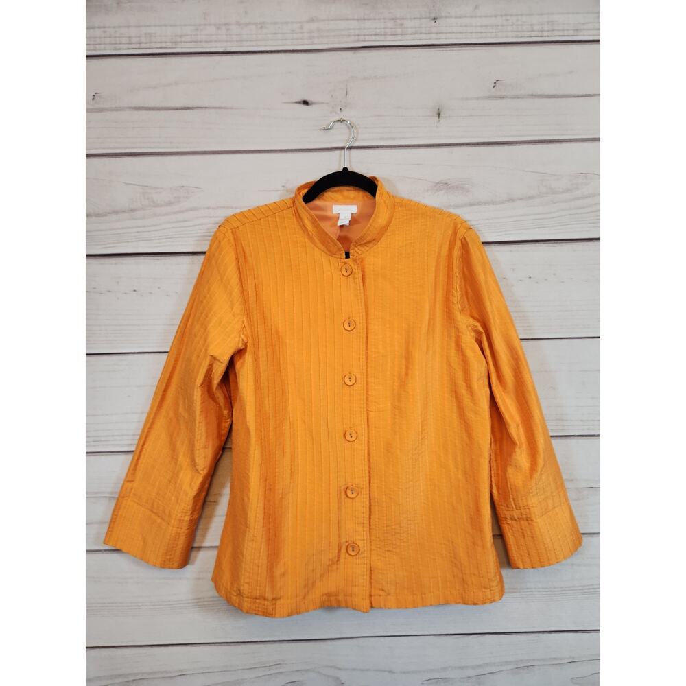 Chico's Womens Orange Solid Pintuck Pleated Button Front 3/4 Sleeve Jacket Sz‎ L